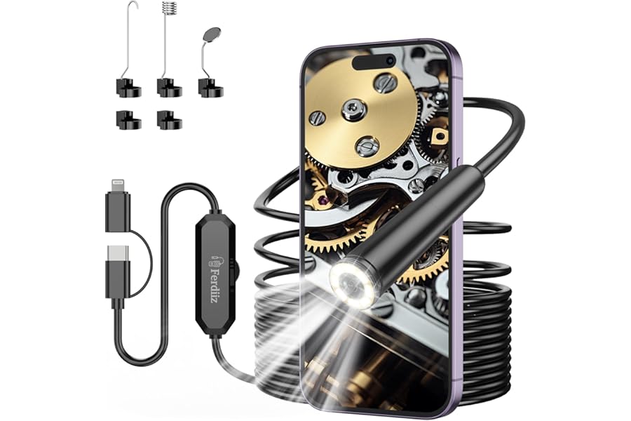 Endoscope Inspection Camera, Ferdiiz 1920P HD Borescope Camera, 16.4ft Semi-Rigid Snake Endoscope with 8 Adjustable LED Lights, IP67 Waterproof Drain Pipe Borescope Gadgets Tool for iOS9+ Android 6+