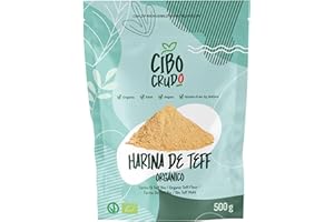 CIBO CRUDO CRUDO BIOLOGICO VEGAN Harina de Teff Ecológica - 500g. Harina Baturalmente Sin Gluten. Contiene Fibra Proteínas y Minerales. Para Pan Muffins Galletas Pasta Fresca o Postres como Tartas Tortitas y Crepes.
