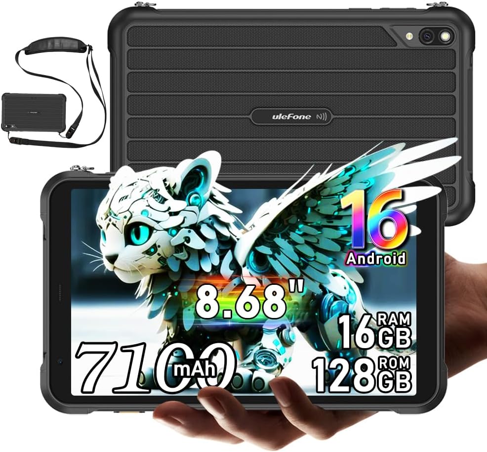 Ulefone Rugking Pad Pro 4G Tablet Resistente 8.0 Pulgadas, 16GB+128GB+2TB Tablette Gemini AI, Android 16 Tablet Antigolpes, 7100mAh, IP68/IP69K/NFC/GPS/OTG/5G WiFi/FM,2 Altavoces Estéreo, Negro