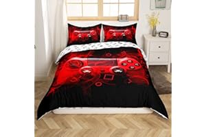 Homemissing Set di biancheria da letto per bambini con copripiumino e copripiumino per ragazzi e ragazze, con controller per videogiochi, con cerniera, colore rosso e nero, per letto matrimoniale
