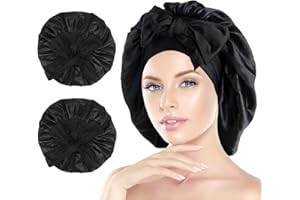 Arqumi Silk Bonnet - 2PCS Large Silk Hair Wrap for Sleeping Adjustable Satin Bonnet Hair Bonnet Sleep Cap with Elastic Stay On Head for Long Curly Thick Black Hair for Women Hair Care Black&Black