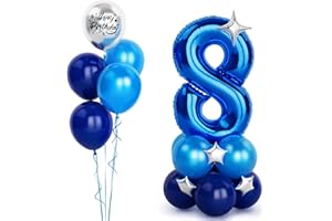 BALLOON DANCE Palloncini Compleanno 8 Anni Blu,40''(101cm) Foil Palloncini Blu Numero 8 con Palloncini HBD Argento,Gigante Numeri 8 Blu per Ragazzi Uomini Compleanno Decorazione Feste