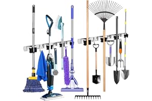 YOCOLE 2 Piezas Colgador Escobas y Fregonas, Soporte Sujeta Escobas Pared Cuelga Acero Inoxidable con 4 Posiciones y 3 Ganchos, Fregona Organizador Adhesivo para Cocina, Baño, Garaje, Jardín, Plata