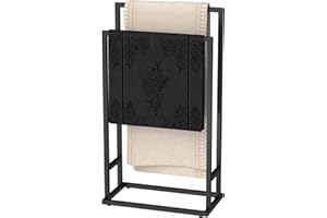 NANDAE Toallero de Pie 2 Niveles Negro para Baño, Toallero Baño de Suelo con 2 Brazos, Estructura Metálica Antihumedad, Base Antideslizante, Sin Taladros - 74x41x21 cm (Alto x Ancho x Fondo)