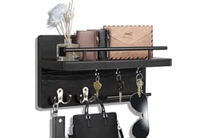 Fayavoo Key Holder Wall decor with 5 Hooks, Mounted Hangers Rack, Wood Mail Organizer Shelf, Entryway Hallway Mudroom Office (Black)