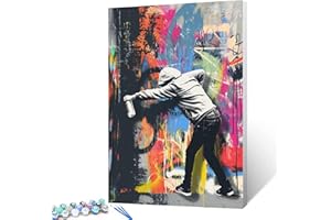 AIHONMIN Peinture par numéros sur toile Banksy Graffiti mural classique Street Art derrière le rideau, peinture graffiti juvénile, peinture avec pinceaux en acrylique pour enfants et adultes débutants (cadre