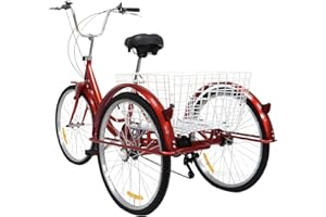 KumuJ Rower trójkołowy dla dorosłych, 6 biegów, z koszem na zakupy, wyściełane siodełko i oparcie, 3 koła, rower miejski, do aktywności na świeżym powietrzu (kolor czerwony)
