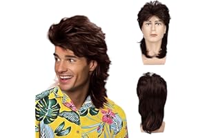 UILYNIU Hombre Marrón Mullet Peluca Larga Para Hombre, 70s 80s Peluca Disfraces Pelucas de Halloween Cosplay Peluca Estilo Mullet de Estrella de Rock Carnaval Fiesta Temática (Marrón)