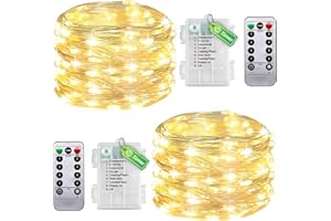 taiyongkang Pack de 2 luces de alambre para interior con temporizador y mando a distancia, 11 m, 100 LED, luz blanca cálida, pequeña cadena de luces para dormitorio, Navidad, boda, también utilizable