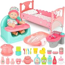 DeAO – Coffret Poupée 21 Pièces – Poupée 30 Cm Avec Lit, Berceau Ajustable, Baignoire Et Accessoires Repas – Jeu De Rôle Dès 3 Ans
