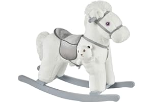 HOMCOM Cheval à Bascule bébé de 18 à 36 Mois, Jouet à Bascule en Peluche, Animal à Bascule en Bois, avec Effet sonore, Ours en Peluche Gratuit, 65 x 26 x 55 cm, Blanc