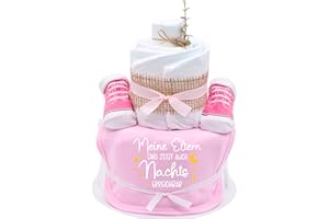 TRENDMAMA Trend Mama® | Sprüche Windeltorte | Meine Eltern sind jetzt auch Nachts erreichbar| 24 Windeln (Gr.2) Baby Lätzchen, Babysocken | Baby Party Geschenk (Rosa)