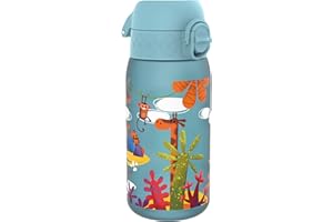 ion8 Botella de Agua para Niños, 350ml, a Prueba de Fugas, Fácil de Abrir, Cerradura Segura, Apta para Lavavajillas, Sin BPA, Asa de Transporte, Fácil de Limpiar, Neutro en Carbono, Safari