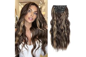 MORICHY Hair Extensions Clip in 4pcs Light Brown with Golden Highlights Hair Extension Long Wavy Full Head Clip in Hair Extension Synthetic Fiber Hair Pieces for Women