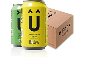 NuWave Alcohol-Free Beer Hazy Pale (73 Cal) + Lager (53 Cal) | 6 Mixed Pack + Mood-Enhancing Botanicals - 0.5% abv, Vegan & Gluten Free | Non Alcoholic Beers | 330ml Cans