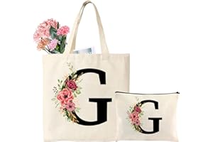 Tarklanda Iniziali Borsa Tote in Tela, Lettere Tote Bag con Tasca, Borsa Tela Cotone con Iniziali, Regali per Donna, Amica, Mamma, Nonna, Regalo di Compleanno, Anniversari, Natale (G)
