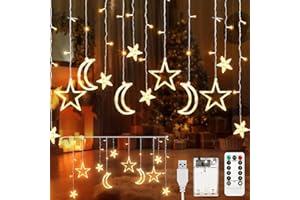 Rideau Lumineux Ramadan 3,5m Aluusy Étoile Lune Guirlande Lumineuse Ramadan USB/Pile, 8 Modes Guirlande Rideau Lumineuse avec Minuterie et Télécommande pour Deco Interieur Exterieur Fenetre, Chambre