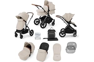 Ickle Bubba Stomp Luxe 2-in-1 All-Terrain Pram (Black Chassis, Stone/Tan) - Birth to Approx. 4 Years, Includes Rain Cover, Footmuff, Apron & Sunshade, Foldable with Puncture-Proof Wheels