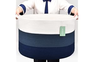 BOSROTY Extra Large Blanket Basket 87L, Laundry Hamper, Baby Nursery Hamper for Storage Toys Clothes Towels, Large Cotton Rope Laundry Basket for Girls Boys, 55 x 35 CM, White& Cadet Blue& Navy Blue