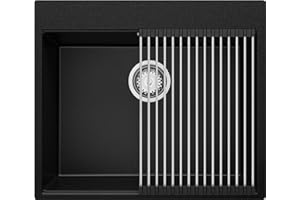Fregadero Cocina Negro 58x50cm, Fregadero Granito 1 Seno + Sifón + Accesorios, Fregadero sobre encimera al mueble 60cm - Oslo Top de Primagran