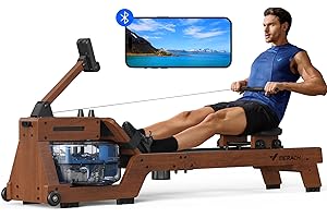 MERACH Rameur à Eau en Bois de Chêne Rouge/Caoutchouc avec 12 Lames pour Une Charge Uniforme, Peut Augmenter la Résistance de 40%, APP Exclusive avec Jeu Interactif de Carte de Rivière