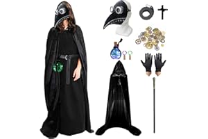 CELEBRATION DIRECTRE Plague Doctor Costume Set, Retro Leather Bird Mask Plague Doctor Mask with Black Hooded Cloak Cross Necklace Cane Gloves Steampunk Gears Potion Bottle Belt Fancy Dress Halloween Costumes for Adults