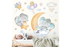 Fufuquare Adesivi da Parete con Lune Stelle e Nuvole a Cartone Animato Adesivi Murali con Elefanti Palloncini e Animali Adesivi in Vinile Rimovibili per la Decorazione Casa