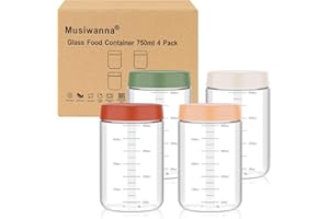 MUSIWANNA Borosilikatglas Meal Prep Gläser 750ml 4 Stück, Glasbehälter mit Rund Deckel, Einmachgläser mit Schraubdeckel, Stapelbar Overnight Oats Gläser für Salat, Sauerteig, Porridge, Jogurt, Gewürzgurken