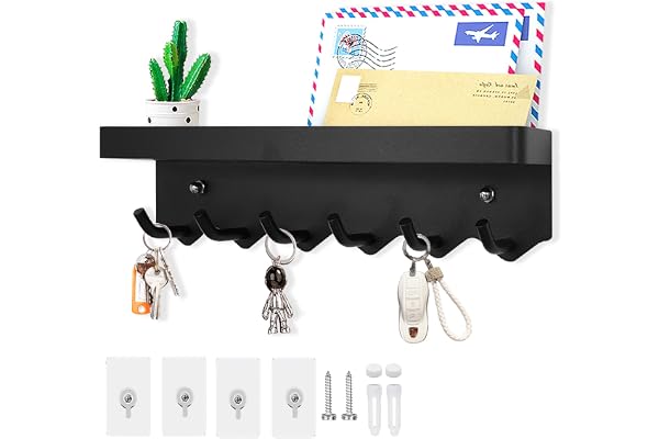 Echehi à 6 Crochets Porte Clé Mural, Multifonctionnel Auto-Adhésif ou Perçage Installation 2 Façons Porte Cléf Mural Adapté à L'entrée, à la Cuisine, au Bureau, à la Salle de Bain et au Salon (Noir)