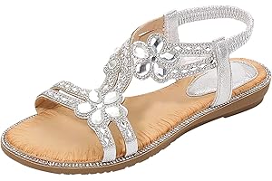 Kivors Sandals for Women Flat Rhinestone Ladies Sandals Open Toe T-Strap Bohemian Womens Sandals for Summer Beach Holiday Outdoor