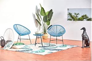 CONCEPT USINE - Salon de Jardin - Ensemble Bistrot 3 pièces Rotin Naturel : 2 Fauteuils Oeuf + Table Ronde Design Acapulco Bleu | Cordes Polyéthylène Résistant | Intérieur Extérieur | Résiste à l'eau