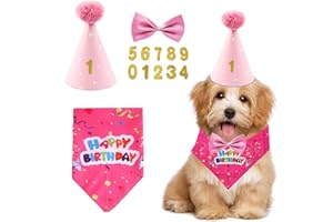YSDYY Kit de fête d'anniversaire 4 pièces pour animaux de compagnie, écharpe triangulaire, chapeau d'anniversaire, nœud papillon, autocollants numérotés, fournitures pour animaux de compagnie (rose)