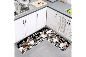 comfoyar 2 Pezzi Tappetino da Cucina, Stile Checkerboard, Antiscivolo Impermeabile PVC Tappeti da Cucina, Tappetini in Piedi per il Bucato Ufficio Casa (44x75+44x120cm, Cartone Animato Nero)
