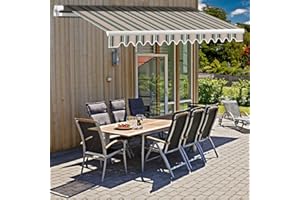 Green Bay DIY Manual Patio Awning, Multi-Stripe Retractable Gazebo Outdoor Canopy, Garden Sun Shade 3m x 2.5m