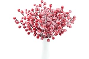 Feizeisun 30 Pcs Frosted Red Berries 8.9 Inch Artificial Snowy Red Berry Stems Christmas Berries Holly Berries Picks for Christmas Tree Decorations DIY Crafts Wreath Making Supplies