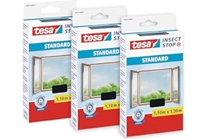 tesa Insect Stop Zanzariere Attacca & Stacca STANDARD per Finestre - Zanzariera Adesiva - Rete per Zanzariera Regolabile a Piacere - Antracite, 3x 110 cm x 130 cm