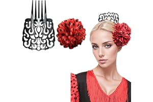 WILDARMS Peineta flamenca grande, clips de flor para el pelo mujer, pack 2 PCS, accesorio fiesta sevillana feria andaluza traje regional flamenco (NEGRO ROJO, Grande)