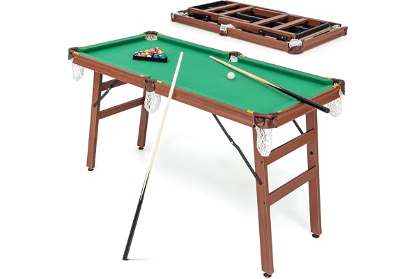 COSTWAY Table de Billard Americain Pliable avec Accessoires(2 Queues, 16 Boules, Triangle, 2 Craies, Brosse), Jeu de Billard avec Pieds Réglables, Marron et Tapis Vert, 138 x 67 x 79,5 CM