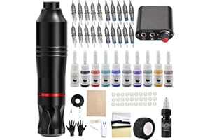 FONPOO Kit completo de máquina de tatuaje para principiantes, 20 agujas, cartuchos, juego de 10 tintas de tatuaje, kit de máquina de tatuaje giratoria
