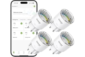 GHome Smart WLAN Steckdose, Kleinste Smart Home Steckdose mit Strommessung, App- und Sprachsteuerung, Funktioniert mit Alexa/Google Home, Zeitplan,TÜV-Zertifiziert, 10A, 4er Pack, Nur 2,4GHz WiFi