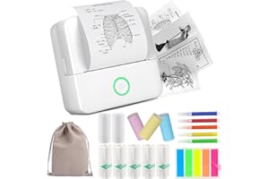 HUIJUTCHEN Mini Impresora Portátil, Bluetooth Impresora Termica para Movil Inalámbrico Impresora Térmica de Bolsillo con 10 Rollos de Papel para iOS y Android para Notas, lácteos y memo (Blanco)