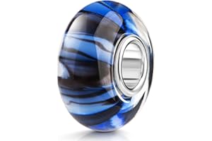 MATERIA by Matthias Wagner Koralik szklany w paski niebieski — szklana perła niebieska brązowa w paski zawieszka do bransoletki/łańcuszka 959, Srebro szterlingowe Szkło, szkło