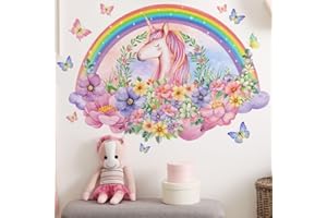 COVPAW Tatuaż ścienny tęczowy jednorożec, naklejka na ścianę, kwiaty, chmury, motyle, dziewczynki, dekoracja ścienna do pokoju dziewczynki, pokoju dziecięcego (jednorożec pod tęczą)