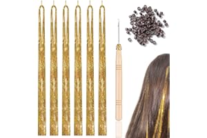KSJEHW 6 sztuk, 1200 błyszczących pasemek do włosów, lameta, do przedłużania włosów, brokatowe pasemka, zestaw do przedłużania włosów (złote)