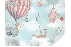TAPEKO Papier Peint Chambre Enfant 360x250 cm 3D Effet Château dans les Nuages Animaux en Ballon pour Garçon Fille Papier Peint intissé plus u93905