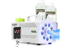 Fuzzix F509LW Máquina de humo mini con efecto de luz LED 9 LED RGB y 2 litros de líquido de niebla, 500W con mando a distancia, máquina de humo fiesta, máquina de humo fiesta de Halloween