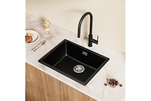 CECIPA Evier Noir 55x44cm,1 Bac Evier en Granit incl Sipho, 80% Sable Quartz Evier, évier Cuisine pour Meuble Bas à Partir 60 cm Largeur