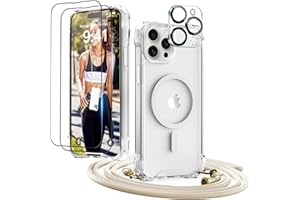 GUtttGU Handykette für iPhone 15 Pro Max Hülle mit Band mit 2 Displaychutzfolie Panzerglas + 2 Kamera Schutzfolie Handyhülle Kompatibel mit Magsafe Schutzhülle Case für iPhone 15 Pro Max Transparent
