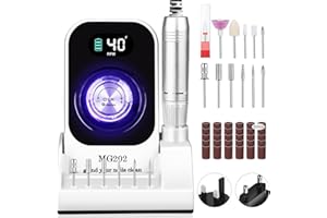Taladro de uñas profesional 40000 RPM, Urbuti 12 en 1 Lima de uñas eléctrica 4000 mAh con pantalla LCD, velocidad ajustable, silencioso, taladro de manicura portátil para salón/hogar (blanco)