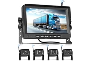Hodozzy Digital Wireless Reversing Camera Kit Monitor 4 Cameras Split Screen 7 Inch Waterproof Night Vision Front Rear Side View Camera for Trailer Truck Camper 12V-24V-36V Recording Video Playback